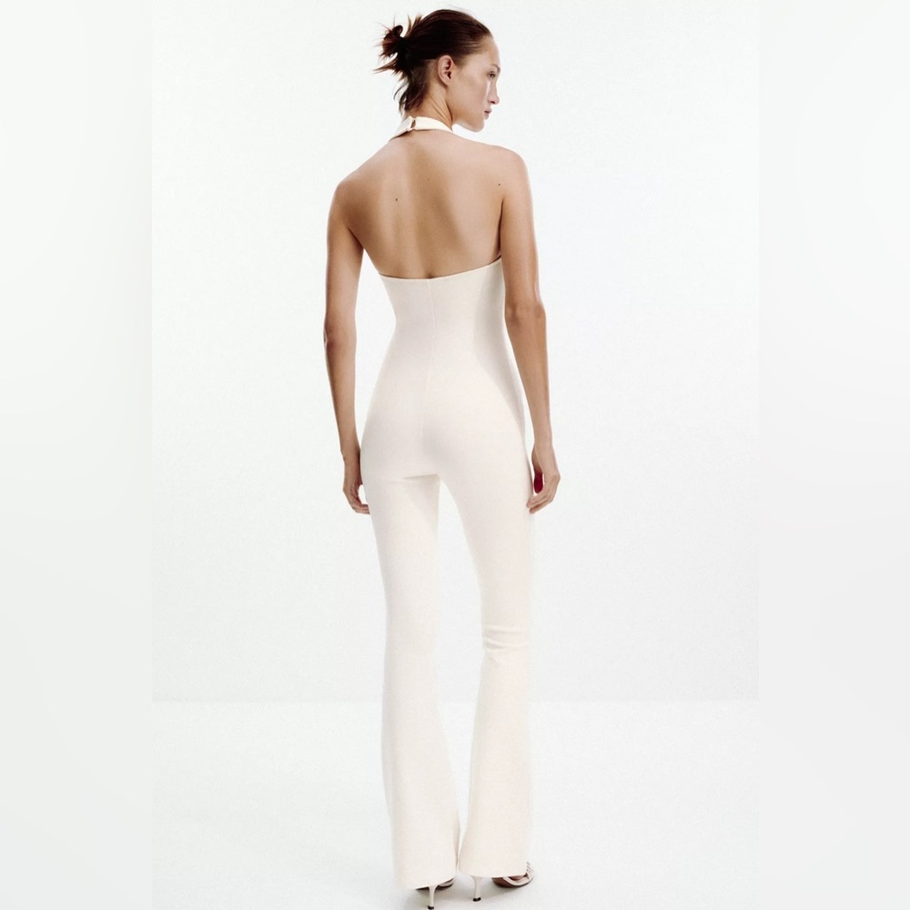 Zara NWT Interlock Flare Cotton Blend Sweetheart Neckline Halter Jumpsuit- Small - Picture 13 of 16